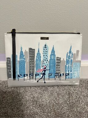 kate spade White City Skyline Zip Pouch with Pink Scarf Accent